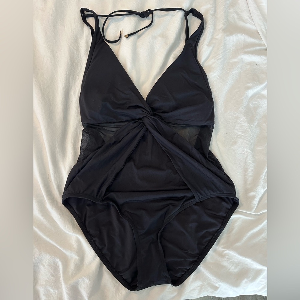 MICHAEL Michael Kors Layered Illusion One Piece Plunge Swimsuit Black MM3H249 14 - Picture 3 of 10
